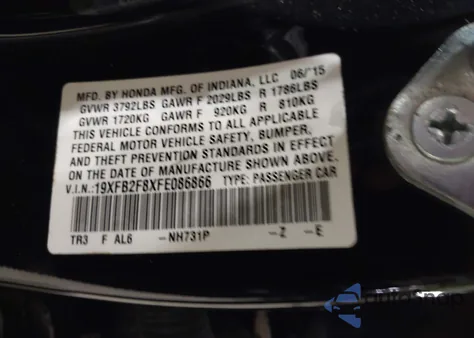 2015 Honda Civic Ex z USA, uszkodzony, nr VIN 19XFB2F8XFE086866